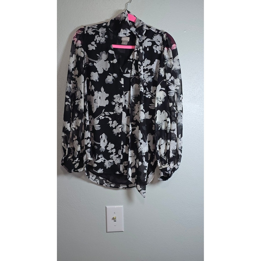 Chico's Floral Tie Neck Balloon Sleeve Blouse Black White Size 0 S 4/6 fairycore